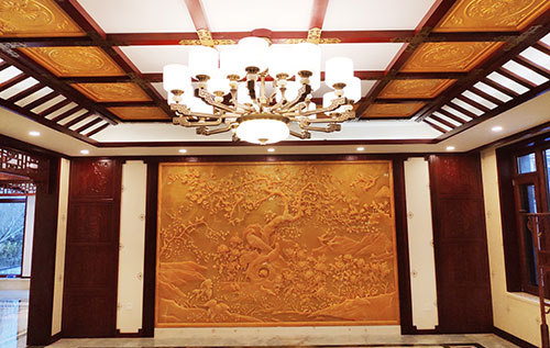 秦州中式别墅客厅中式木作横梁吊顶装饰展示