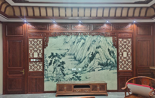 秦州中式仿古别墅客厅背景墙花格木作装饰